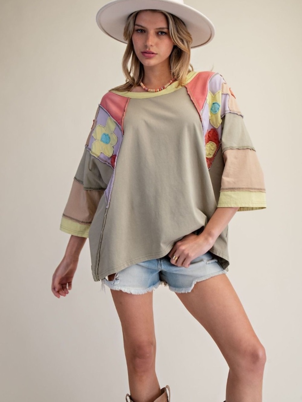 NEW EASEL PATCHWORK DAISY FLORAL DETAILING MINERAL WASHED TOP SHIRT PULLOVER - Picture 5 of 10